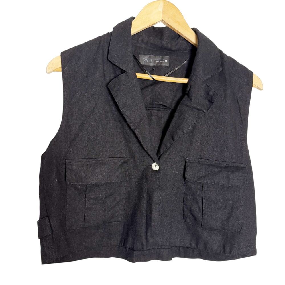 Zara Black Linen Cropped Sleeveless Collared Button Blazer Vest Size Small